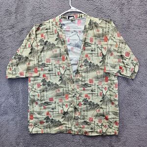 Malihini Hawaii Kimono Cardigan Mens Green‎ Japanese Print Short Sleeve